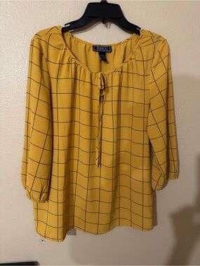 NYC Mustard Yellow Windowpane Tie-Front Blouse